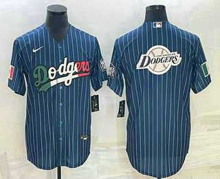 Men%27s Los Angeles Dodgers Big Logo Navy Blue Pinstripe Stitched Cool Base Nike Jerseys->los angeles dodgers->MLB Jersey